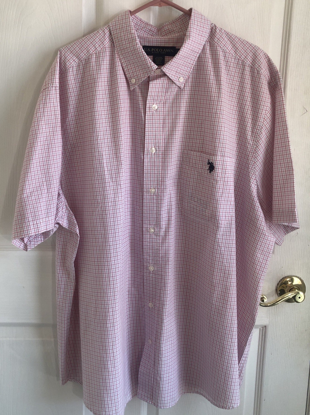 US Polo Assn 2XL mens short sleeve button up pink blue check old money preppy